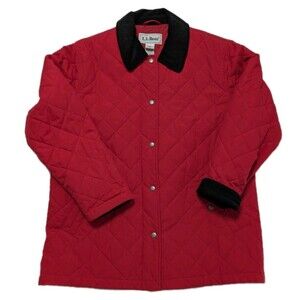 Vintage LL Bean Womens Quilted Jacket Coat Barn Chore Red Black Collar L Large